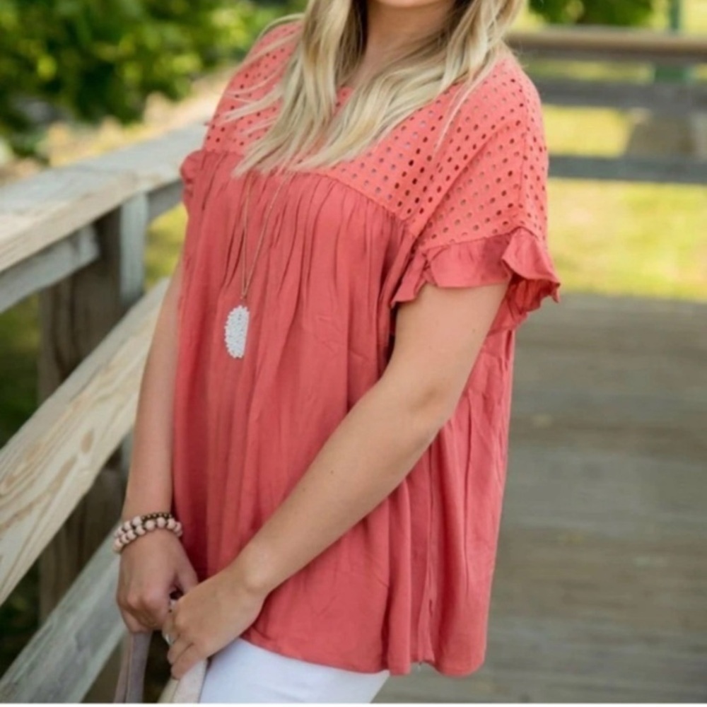 Jodifl Peachy Pink Flutter Sleeve Blouse - Picture 1 of 7
